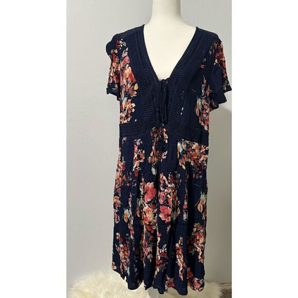 Torrid Mini Navy Blue Floral Tie Front Skater Dress Size XL - Picture 3 of 9